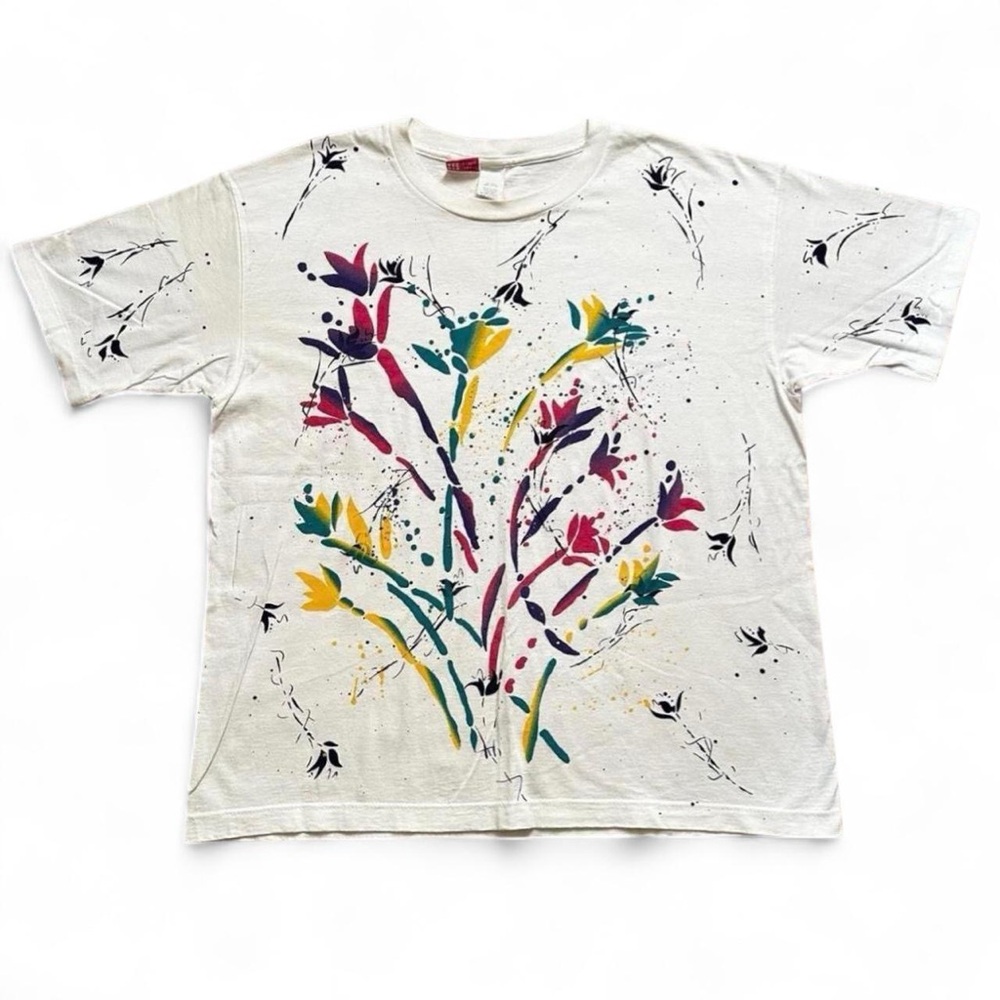 Women’s Abstract Art Floral Graphic Tee - White with Pink, Yellow & Teal Flowers